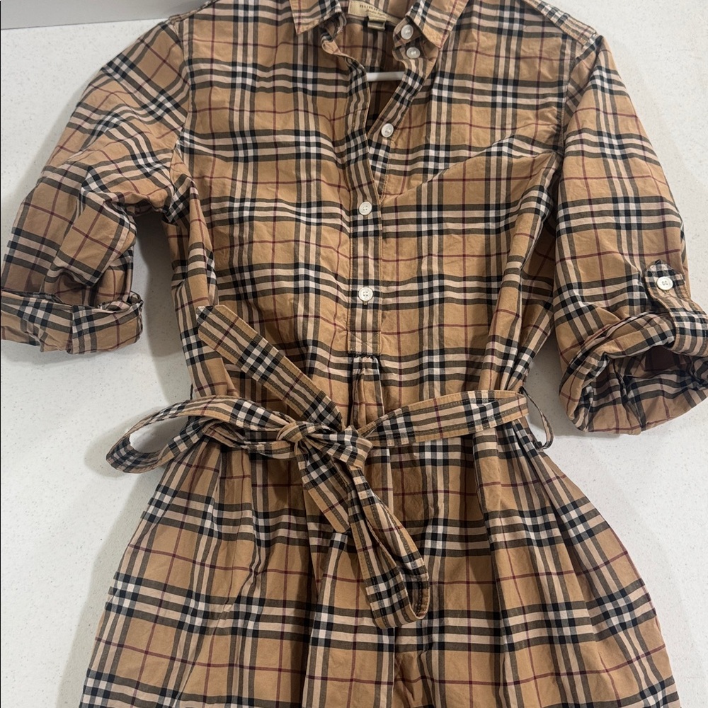 Burberry Shirt Dress NovaCheck Tan Black Plaid with Waist Tie Women’s US 6 EU 8 - Picture 12 of 12